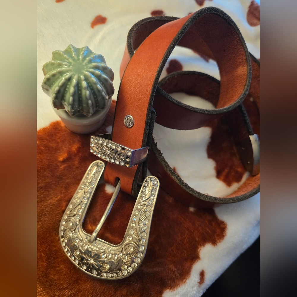 Brown Leather Belt with Silver Buckle